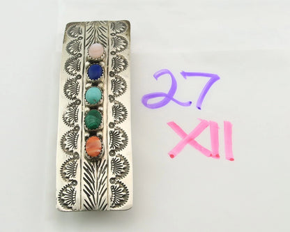 Navajo Barrette Sterling Silver Gemstones Hand Stamped Vintage Native Artist
