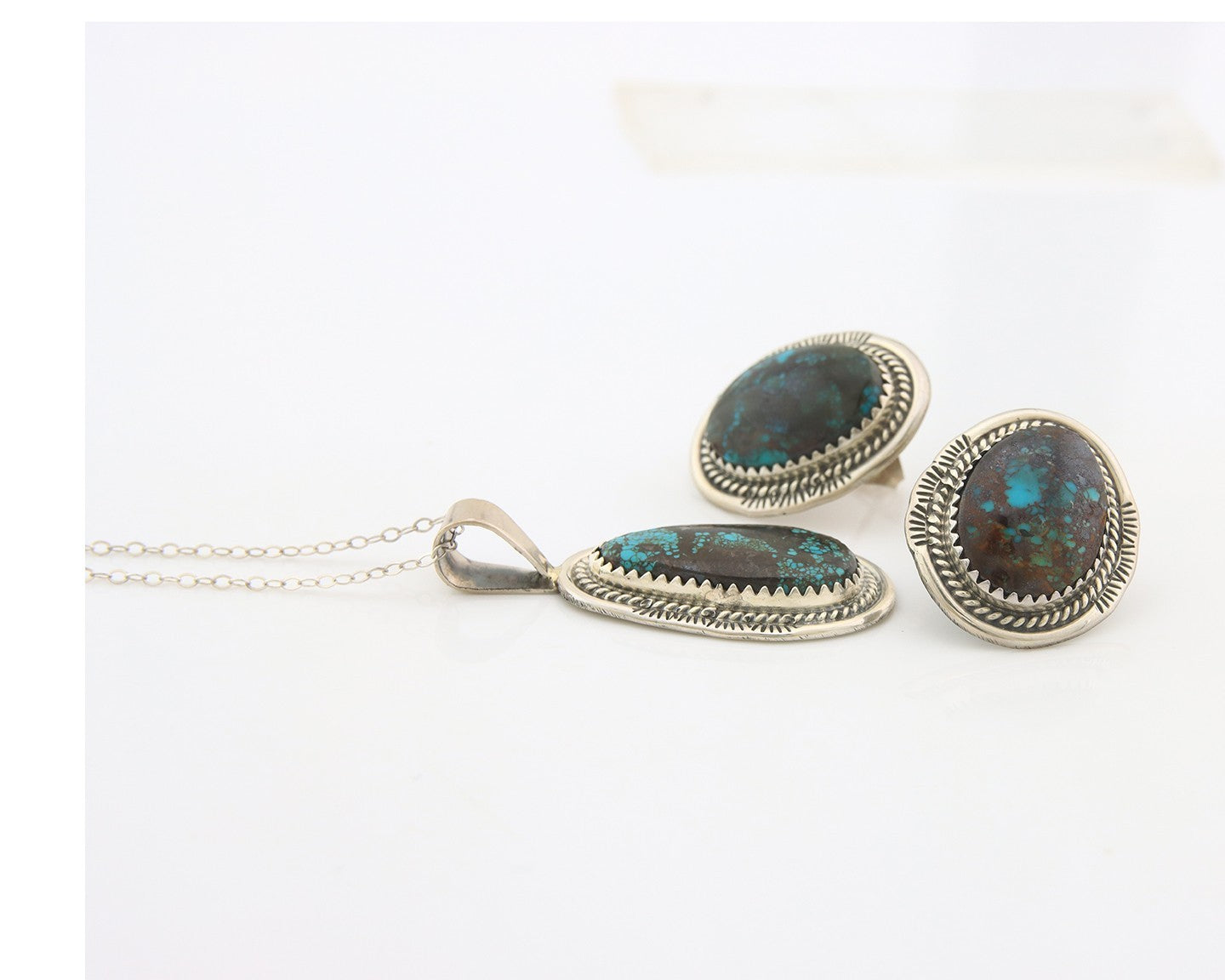 Navajo Necklace Earrings Set Sterling Silver Turquoise Vintage Signed Spencer