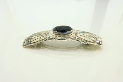 Navajo Barrette Sterling Silver Black Onyx Vintage Hand Stamped 3.9 in.