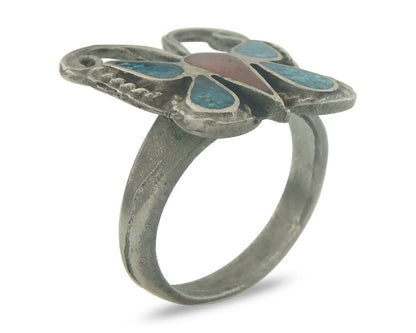 Navajo Ring 925 Silver Inlaid Butterfly Turquoise & Coral C.80's Size 5.0