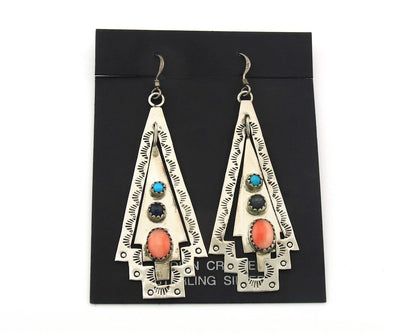Navajo Dangle Earrings Sterling Silver Natural Gemstones Vintage Signed JWK