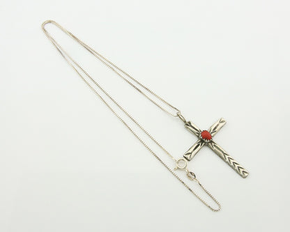 Navajo Cross Necklace Sterling Silver Coral Authentic Signed Arthur Williams