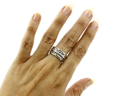 Navajo Ring .925 Silver Handmade Hand Stamped 3 Row Rope Band C.1980's