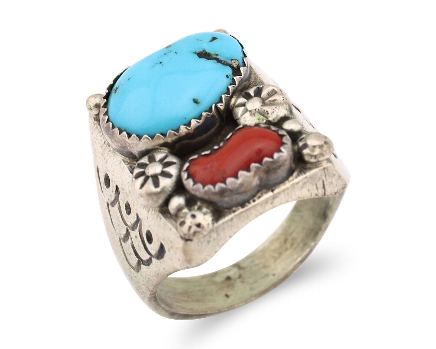 Navajo Ring 925 Silver Sleeping Beauty Turquoise & Coral Native Artist C.80s