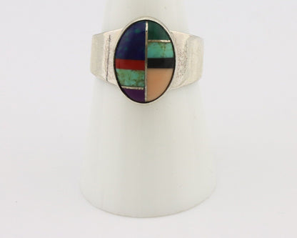 Zuni Inlaid Ring 925 Silver Mixed Natural Gemstones Native American Artist C.80s