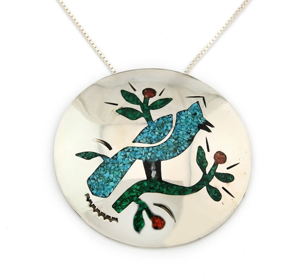 Navajo Blue Jay Necklace Sterling Silver Natural Green Gemstones Signed JS