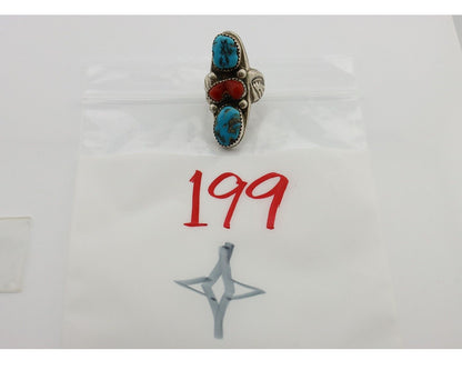Navajo Ring 925 Silver Blue Turquiose & Coral Artist Signed Large R C.80's