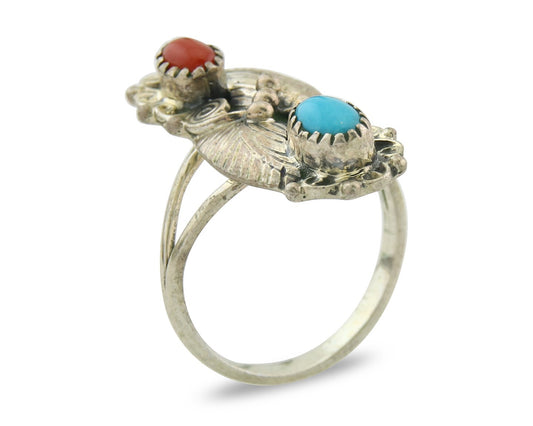 Navajo Ring 925 Sterling Silver Authentic Turquoise & Coral Signed WB Size 6.75