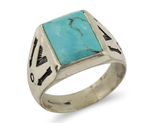 Navajo Ring 925 Silver Kingman Turquoise Signed Sun West Silver Company C.80's