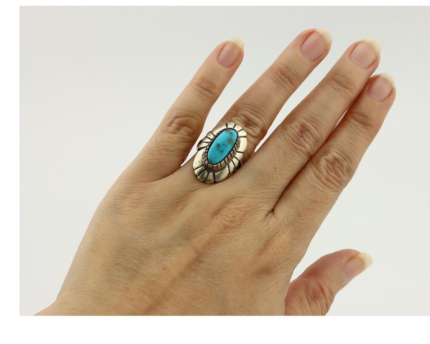 Navajo Ring 925 Silver Natural Turquoise Native Artist Signed M Montoya C.80's