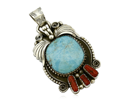 Navajo Natural Turquoise & Red Coral Pendant .925 Silver Signed Gomez C.2005