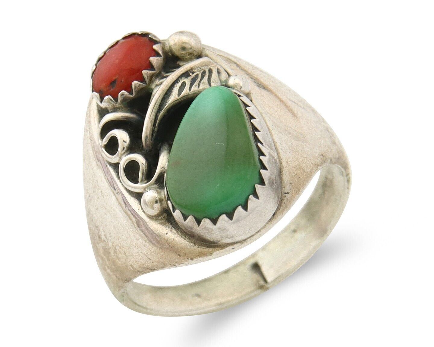 Navajo Ring 925 Sterling Turquoise & Coral Native Artist C.80's Size 7.75