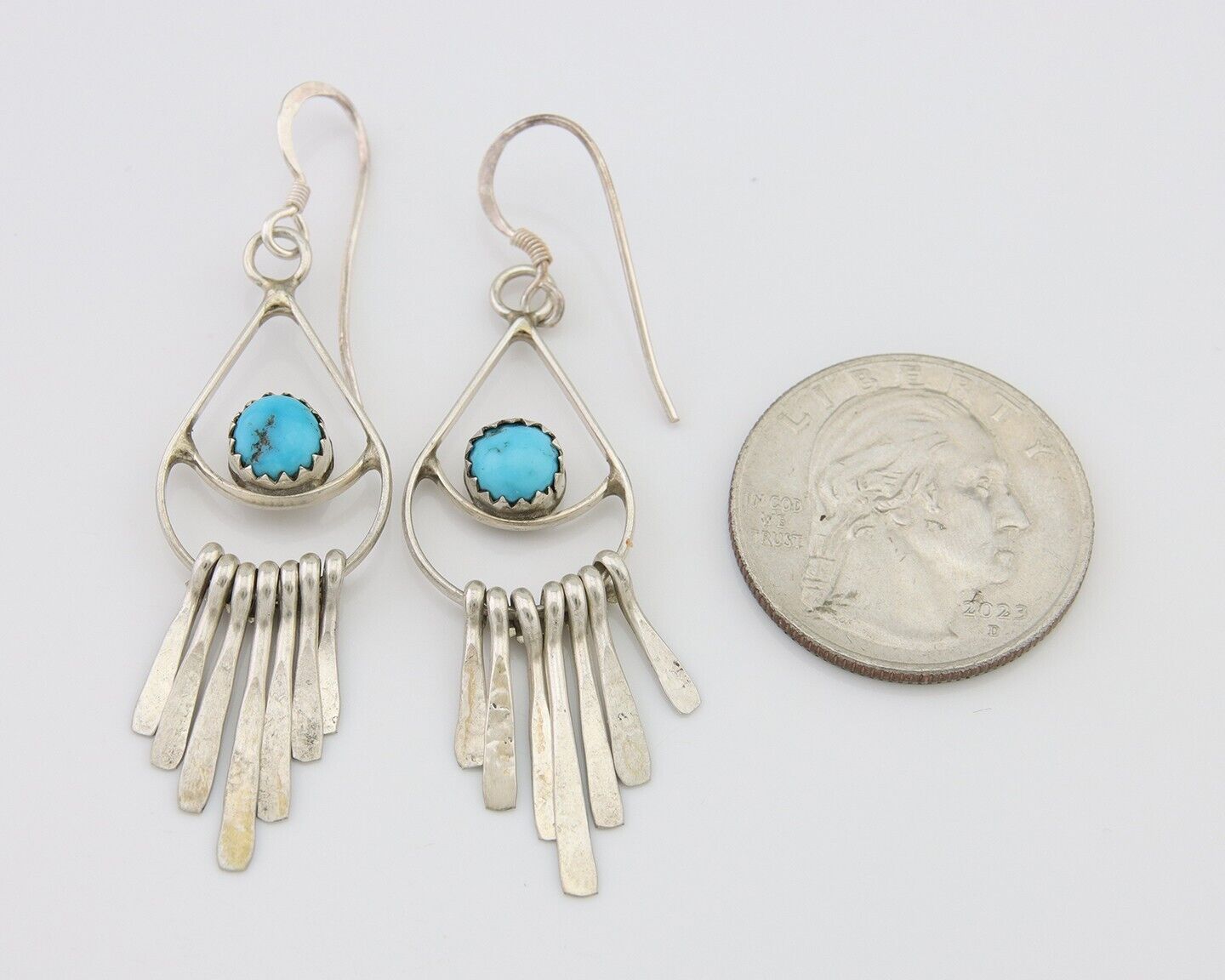 Navajo Dangle Earrings 925 Silver Natural Turquoise Artist Signed JB C.80's