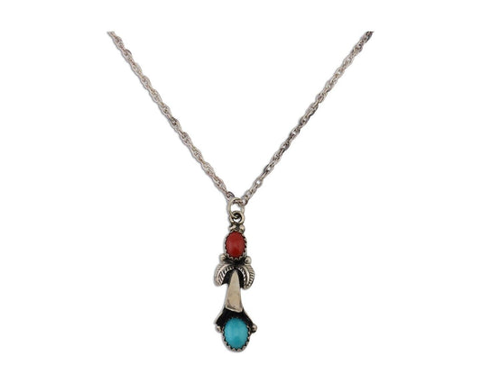 Navajo Necklace 925 Silver Turquoise & Coral Native American Artist C.90's