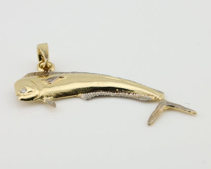 Men 14k Solid Gold Mahi Mahi Dorado Fish Pendant Medium Size 1/2 in x 1 1/2 in