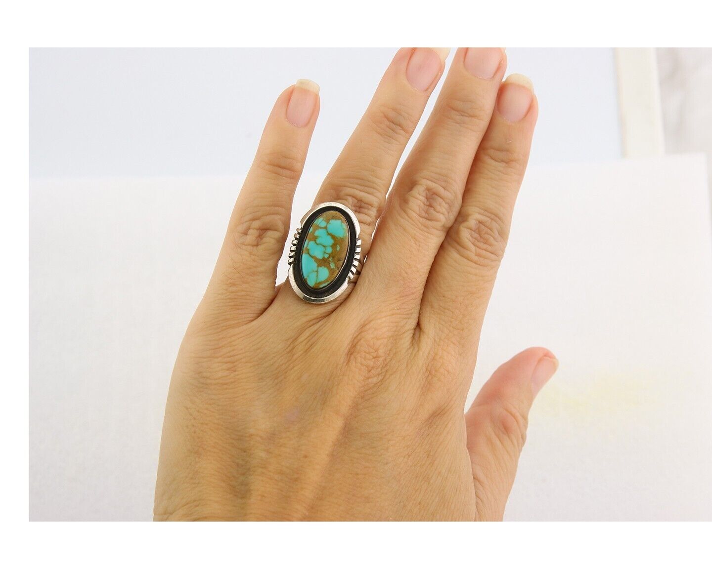 Navajo Ring 925 Sterling Natural Blue Turquoise Native Artist C.80's Size 5.25