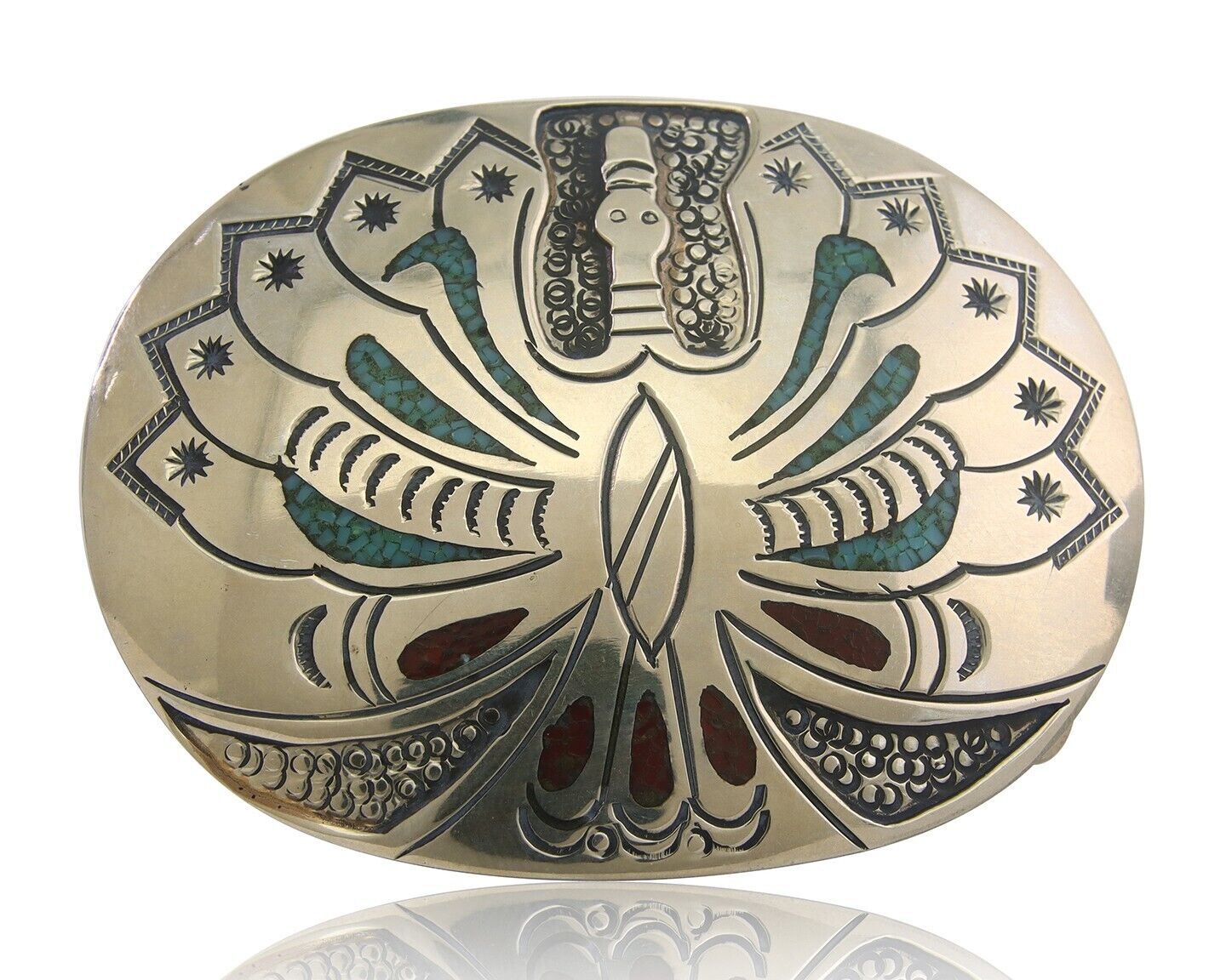 Navajo Belt Buckle .999 Nickel Buffalo Gemstone Signed Chee Keams C.80s
