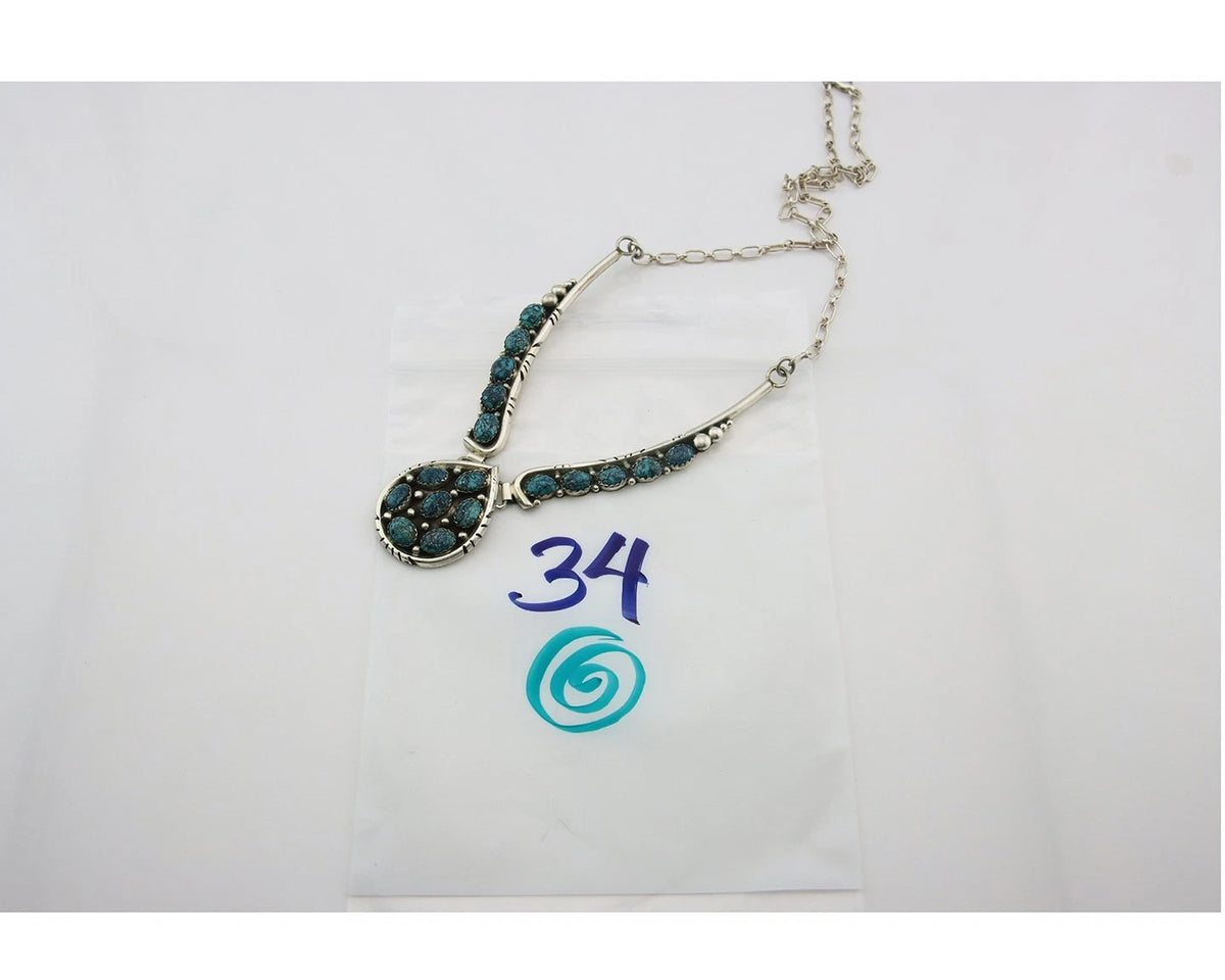 Navajo Necklace 925 Sterling Silver Natural Turquoise Signed Patrick Yazzie