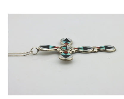 Zuni Cross Pendant 925 Silver Natural Gemstone Zeno & Maryann Edaaki C.80's