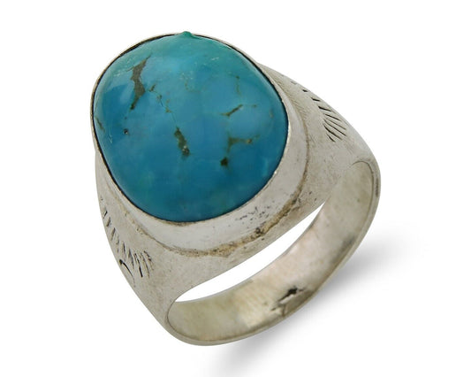 Men Navajo Hand Stamped Ring 925 Silver Arizona Turquoise Artist C.80's