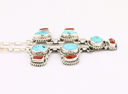 Navajo Necklace 925 Silver Natural Blue Turquoise & Coral Native American C80s