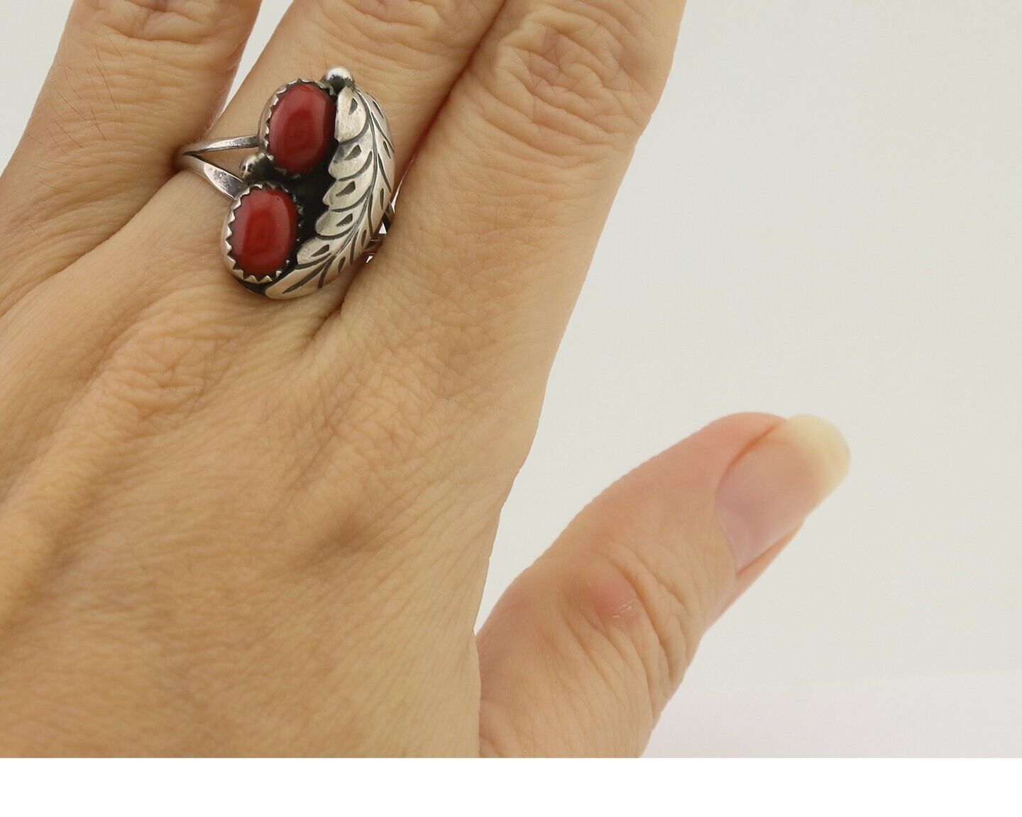 Navajo Handmade Ring 925 Silver Natural Mediterranean Coral Signed 88 C.80's