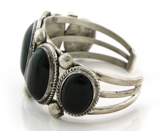 Men Navajo Cuff Bracelet 925 Sterling Silver Onyx Vintage Signed William Singer