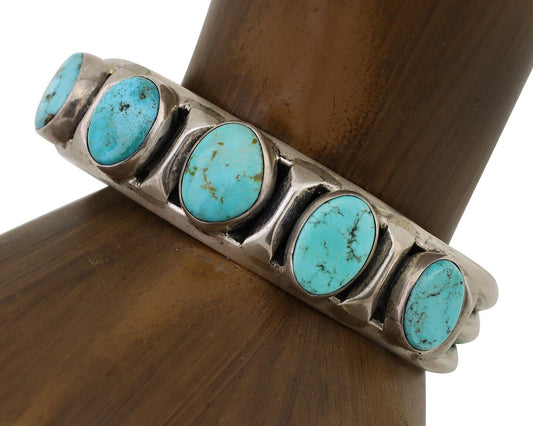 Navajo Cuff Bracelet 925 Silver Natural Blue Turquoise Signed M Montoya C.80's