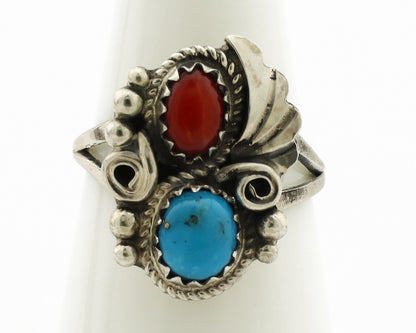 Navajo Ring .925 Silver Morenci Turquoise & Coral Native Artist Signed JM C.80's