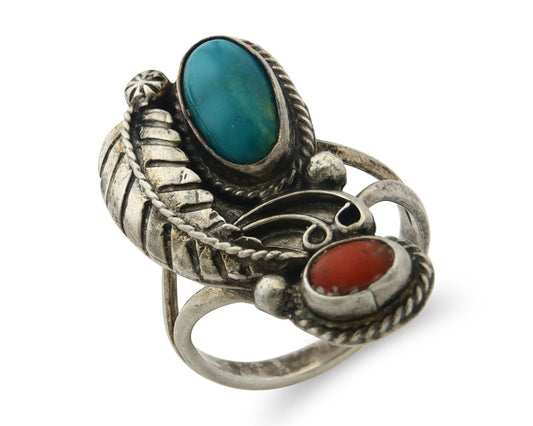 Vintage Navajo Ring 925 Sterling Silver Traditional Authentic Coral & Turquoise