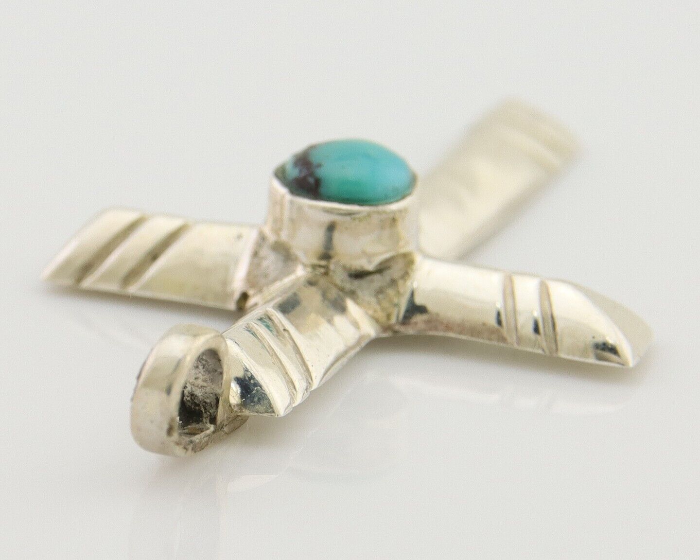 Navajo Sand Cast Cross Pendant 925 Silver Turquoise Artist Signed J Yazzie C.80s