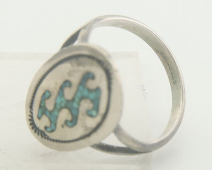 Navajo Ring 925 Sterling Natural Chip Inlay Blue Turquoise C.80's Size 7.0