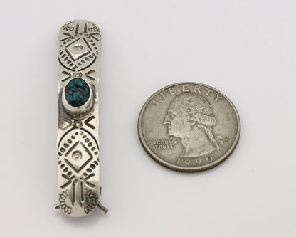 Women Navajo Hair Clip Barrette 925 Silver Black & Blue Turquoise Native Artist