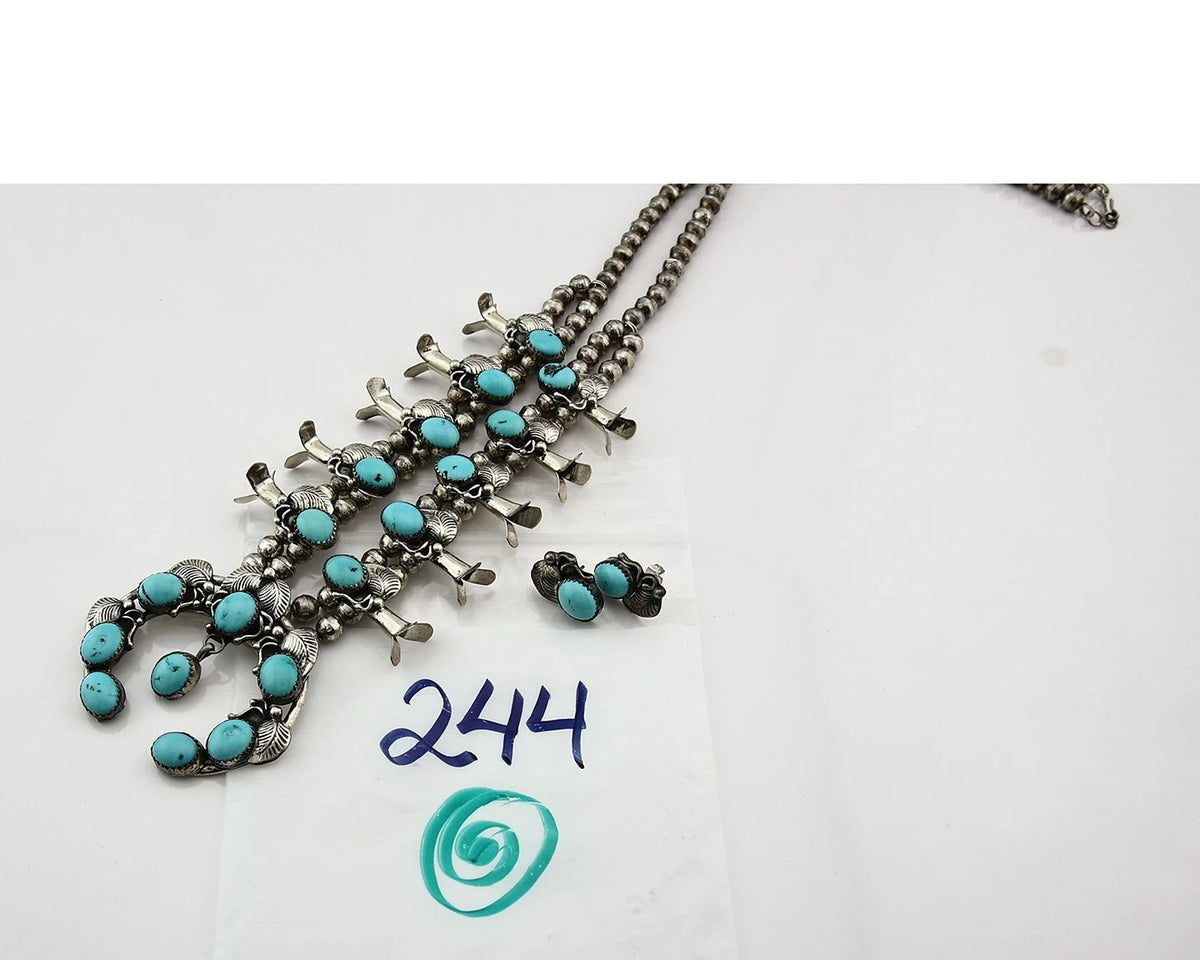 Navajo Squash Necklace Earring Set Sterling Silver Turquoise Vintage C.80's