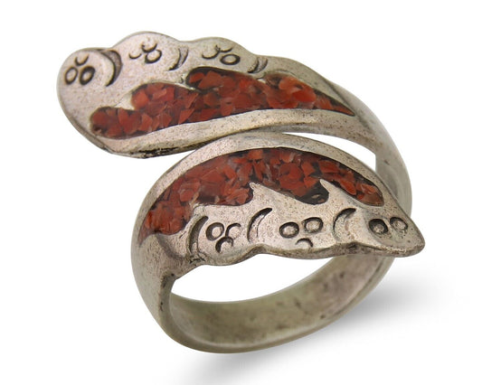 Navajo Ring 925 Silver Chip Inlay Coral Native Artist C.80's