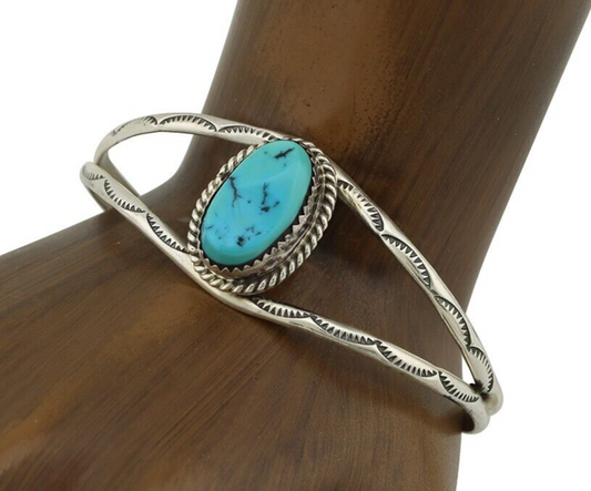 Navajo Bracelet 925 Silver Sleeping Beauty Turquoise Signed Robert Vandover C80s