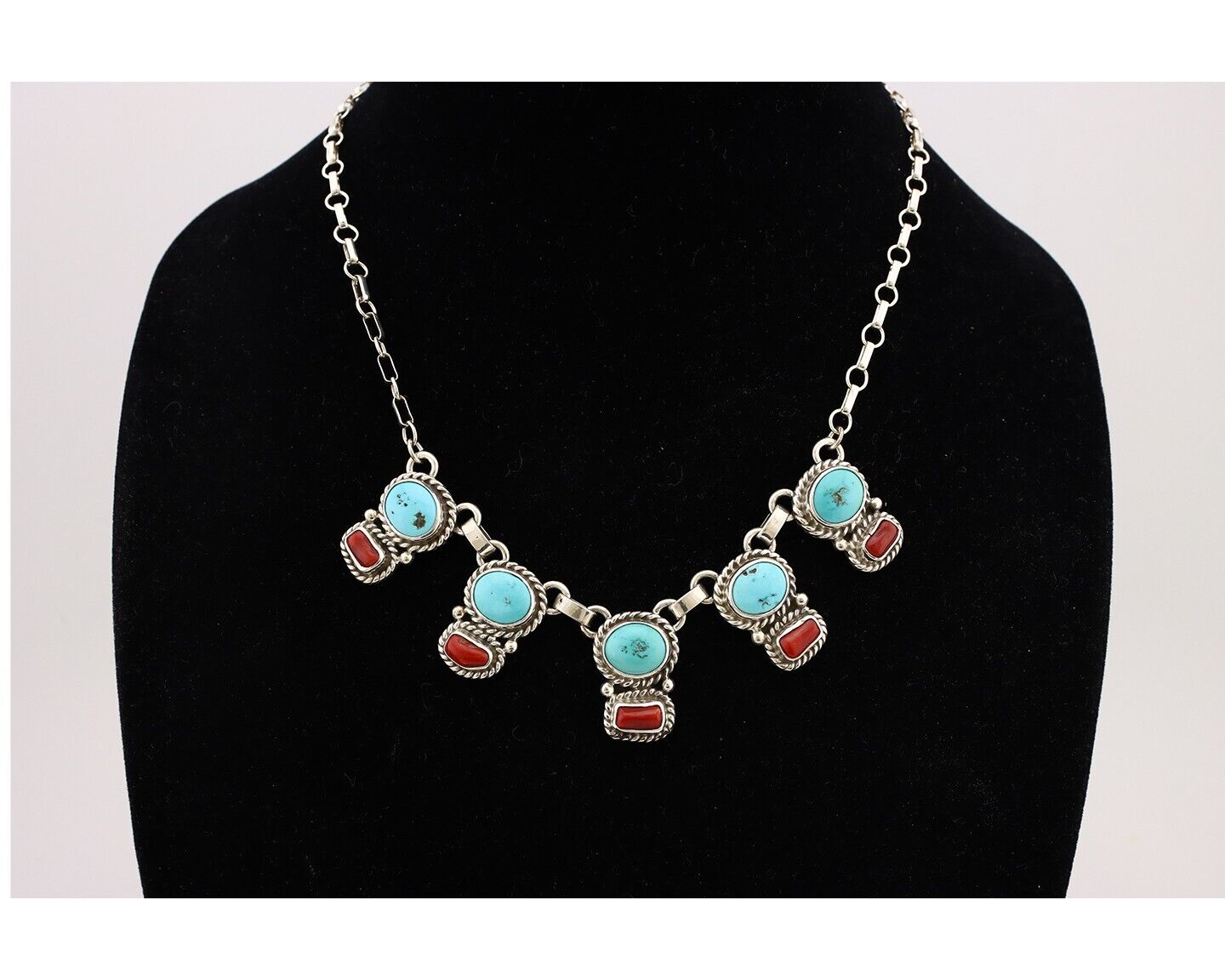 Navajo Necklace 925 Silver Natural Blue Turquoise & Coral Native American C80s