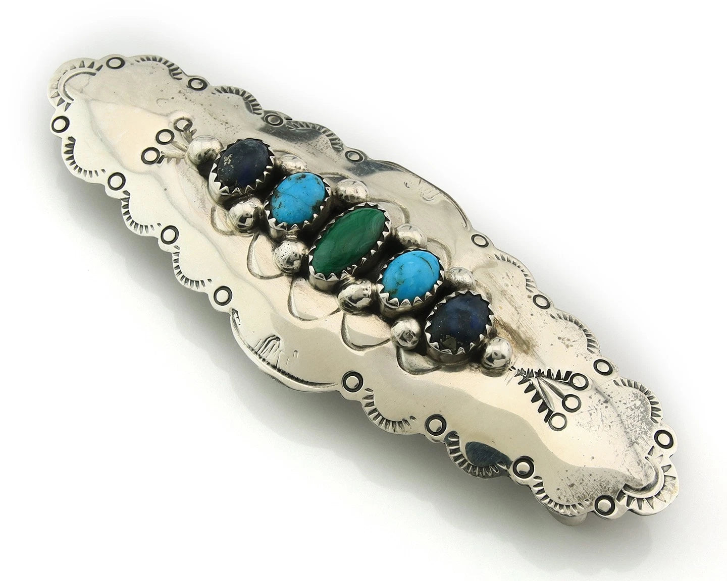 Navajo Barrette Sterling Silver Gemstones Hand Stamped Vintage Native Artist