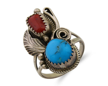 Navajo Handmade Ring 925 Silver Turquoise & Coral Artist Signed Justin Morris 80