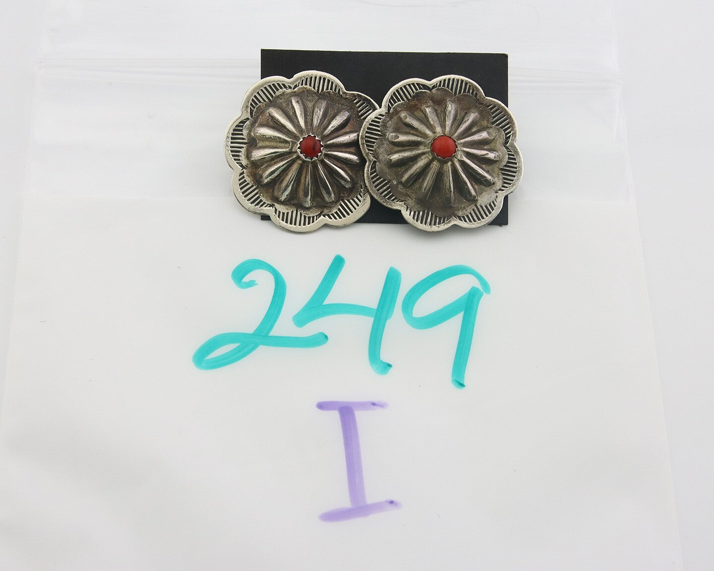 Navajo Concho Earrings 925 Silver Natural Coral Native American Artist C.80's