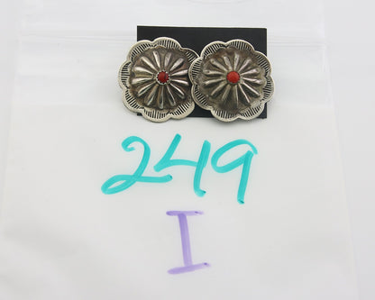Navajo Concho Earrings 925 Silver Natural Coral Native American Artist C.80's