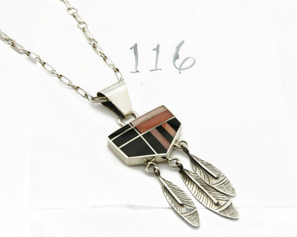 Navajo Inlaid Black Jet & Pink Angel Skin Coral .925 Silver Necklace