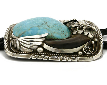 Navajo Artist Signed G Large Natural Mined Turquoise & Claw .925 Silver Bolo