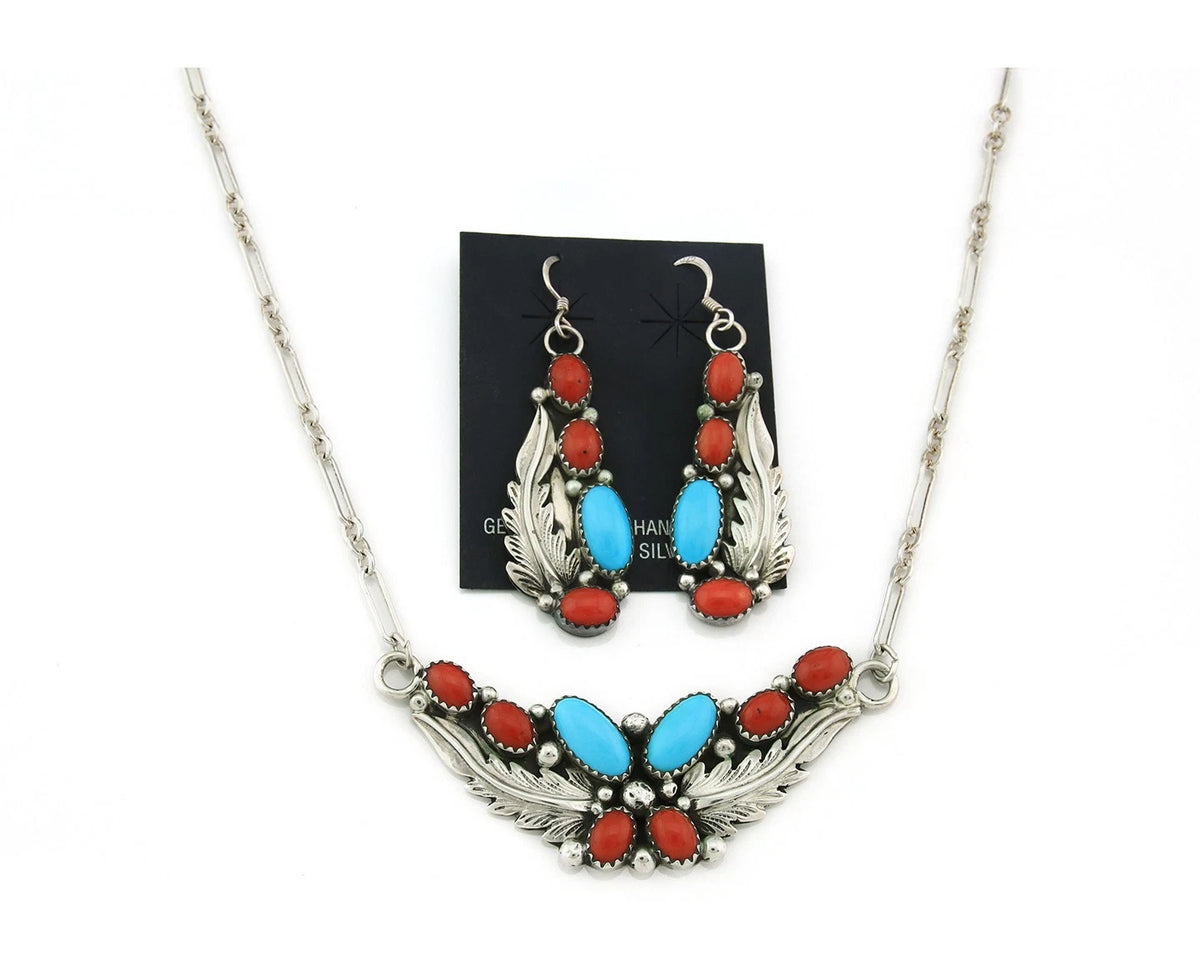 Navajo Necklace Earring Set 925 Sterling Silver Turquoise & Coral Signed RB