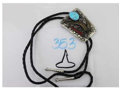 Navajo Bolo Tie .999 Nickel Coral & Turquoise Artist Signed BENNETT C.80's