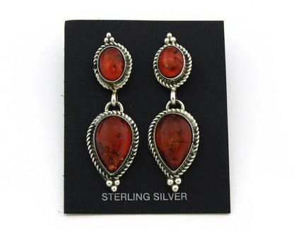 Navajo Dangle Earrings Sterling Silver Natural Amber Handmade Vintage