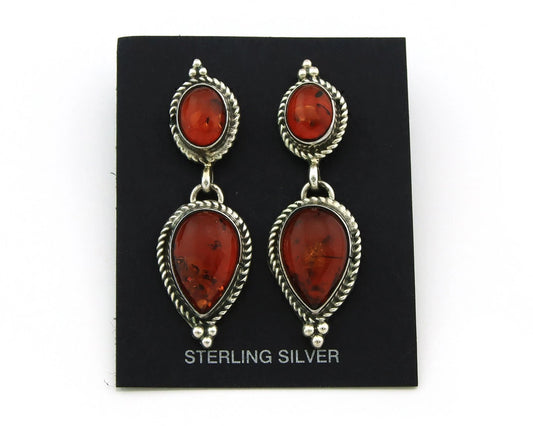 Navajo Dangle Earrings Sterling Silver Natural Amber Handmade Vintage
