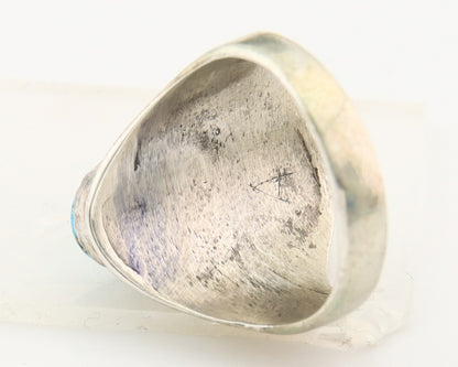 Navajo Ring 925 Sterling Turquoise & Coral Native Artist C.80's Size 8.5