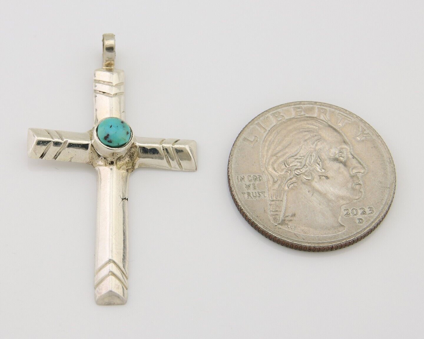 Navajo Sand Cast Cross Pendant 925 Silver Turquoise Artist Signed J Yazzie C.80s