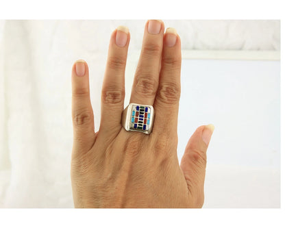 Men Navajo Ring Sterling Silver Vintage Gemstones Signed HM & JB Size 11.0